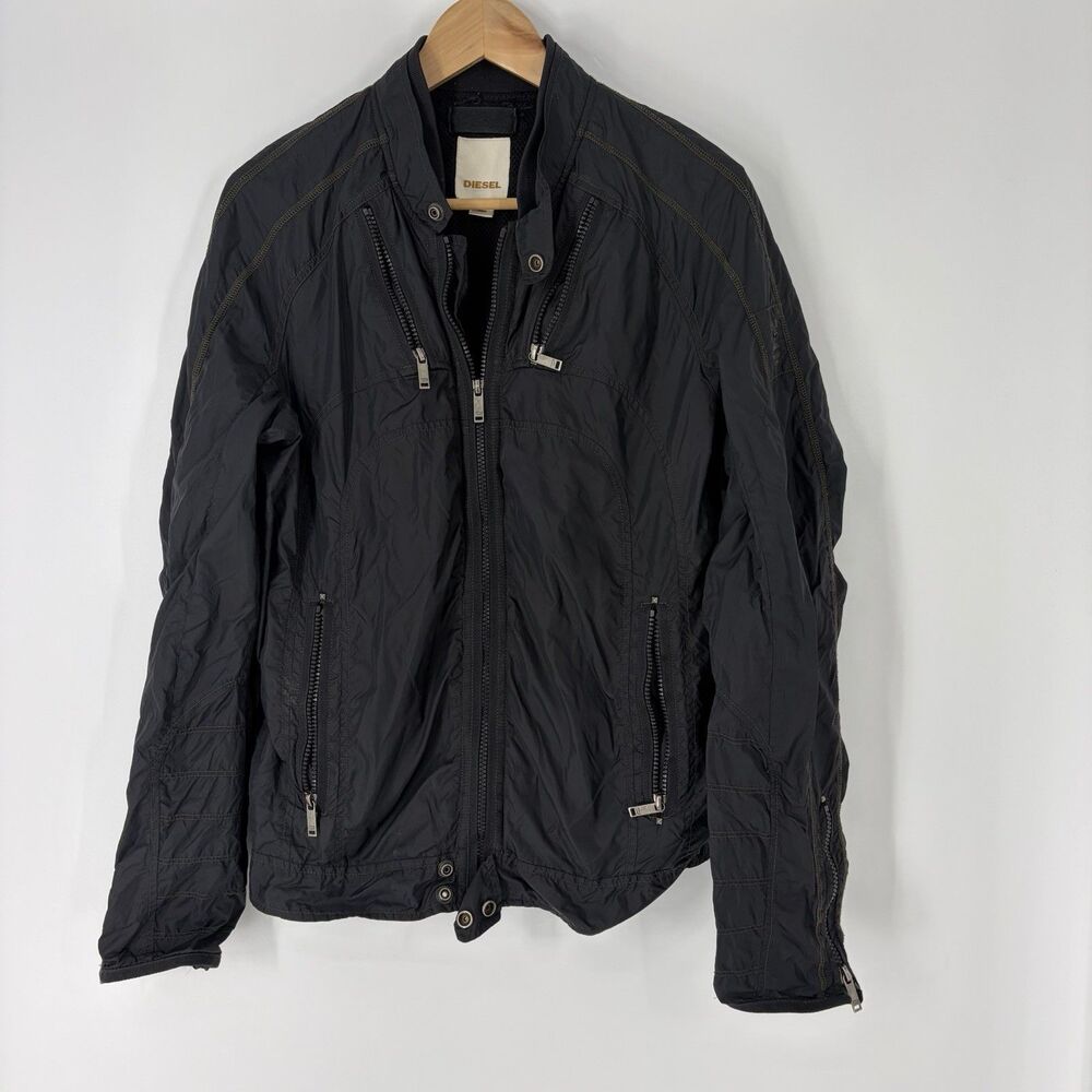 Diesel Biker Bomber Jacket Medium Mens Black Moto Nylon Full Zip Grunge Y2K